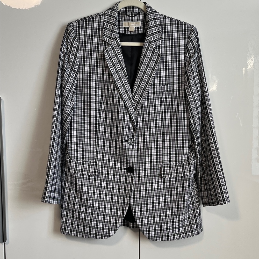 NWOT MICHAEL KORS Black White Plaid Mens Wear Inspired Lined Blazer, Size 8
